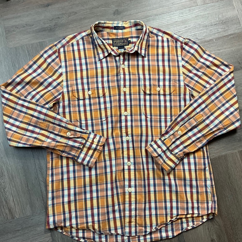 Pendleton Fairbanks‎ Plaid Shirt Mens XL Orange Blue Red Classic Preppy Rustic